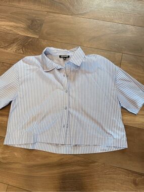Steve Madden Blue and White Striped Cropped Button-Down
